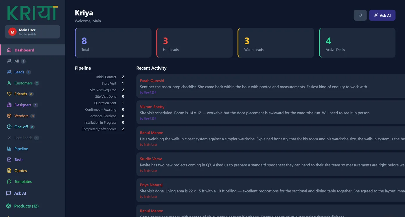 Kriya dashboard showing leads and today's follow-ups